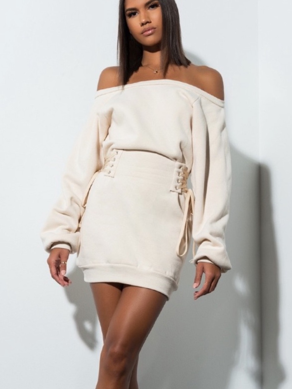 AKIRA Rock Steady Lace-Up Sweater Dress in Cream